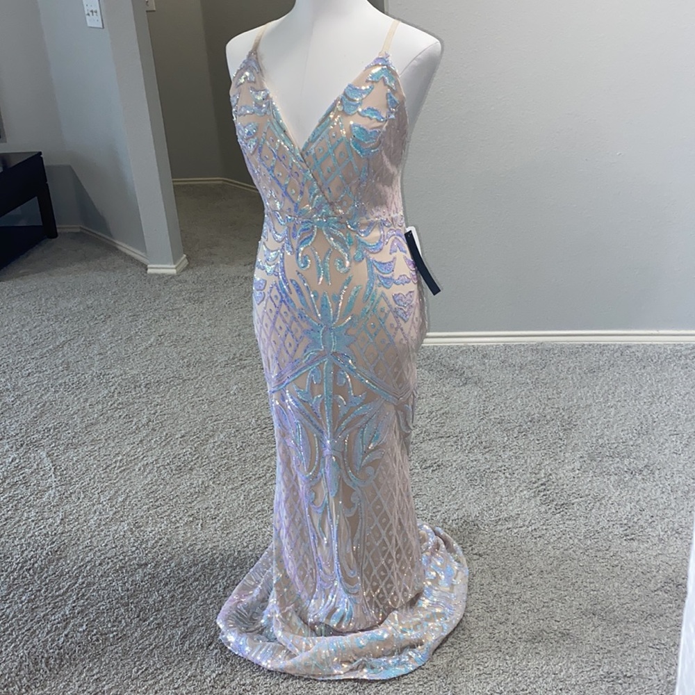 Prom dress formal sequins gown off white cream beige long spaghetti strap. Large